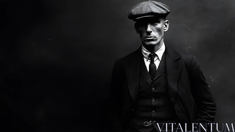 Monochrome portrait of stern man in flat cap and three-piece suit