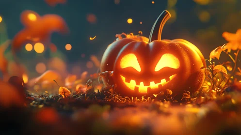 Cinematic jack o lantern closeup in glowing autumn field.