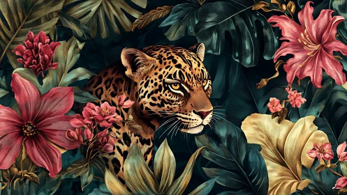 Golden-eyed jungle leopard rests amid lush tropical blooms