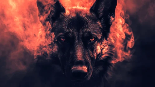Infernal canine portrait isolates intense gaze in ember smoke