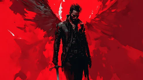 Dark winged warrior in black coat against vivid red void.