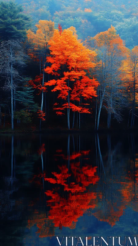 Autumn maple grove reflects in still lake under cobalt haze