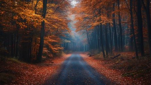 Forest road with seasonal foliage and atmospheric depth perspective
