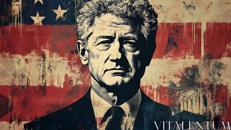 Grim political portrait against distressed US flag backdrop.