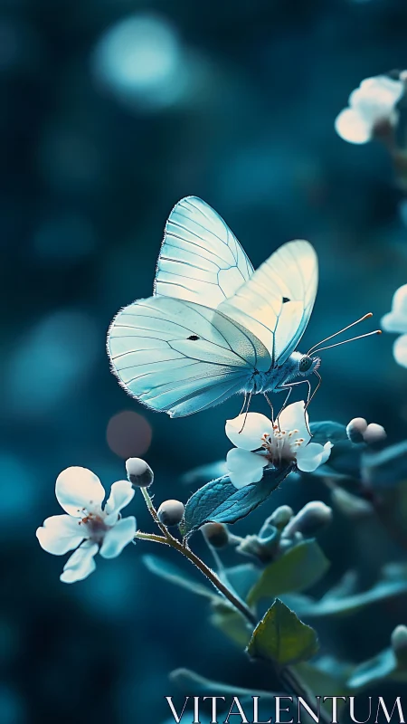 Macro study of translucent butterfly on cyan-toned blossom.