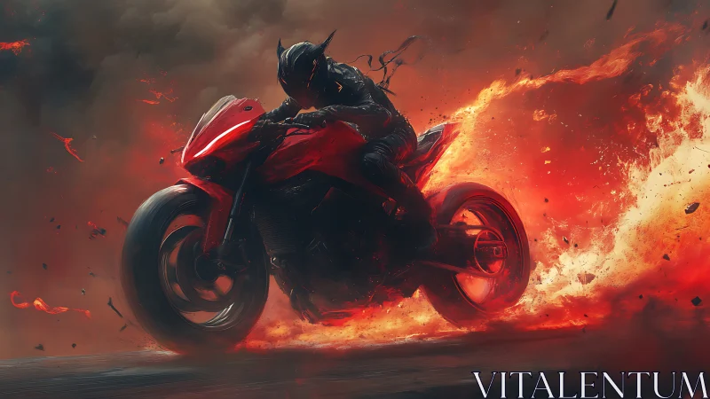 Motorcyclist in dark armor riding through intense flames.