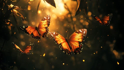 Glowing butterflies drifting softly through golden forest light.
