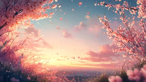 Gentle spring sunset framed by drifting cherry blossoms.