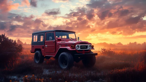 Restored red offroad SUV at golden hour in misty field