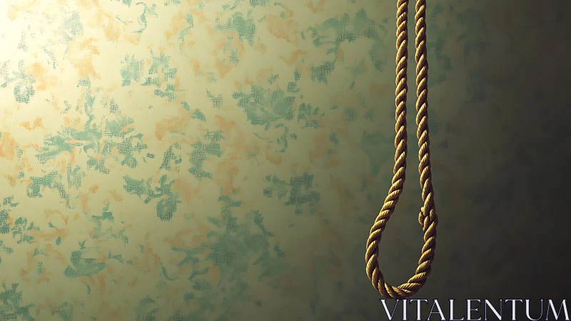 Rope noose hanging against mottled textured wall.