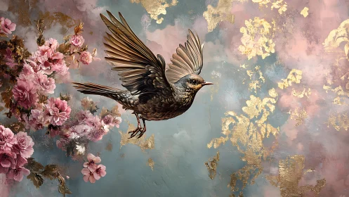 Songbird in flight among pink blossoms and soft gold light.