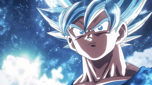 Celestial blue-haired warrior under luminous starfield sky.