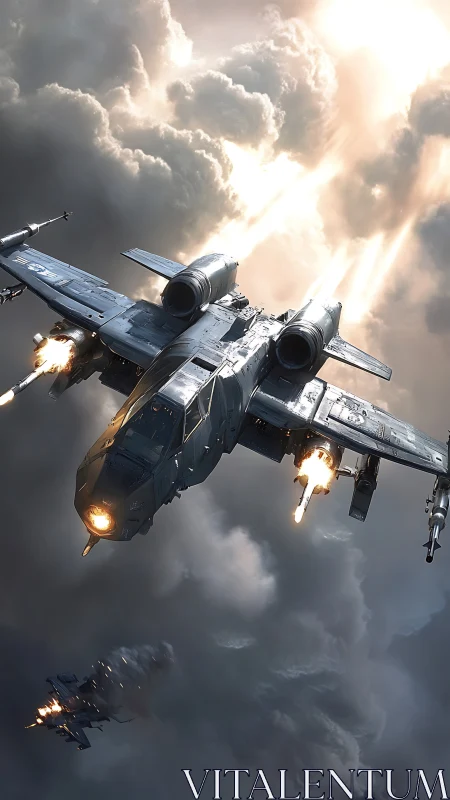 Futuristic attack aircraft descends through dense storm clouds