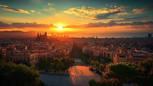 Sunlit Barcelona skyline glows warmly over an evening avenue