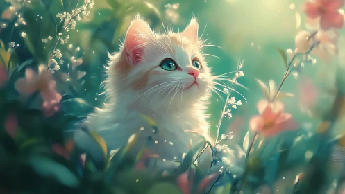 White Kitten Gazing Upward in Luminous Wildflower Garden