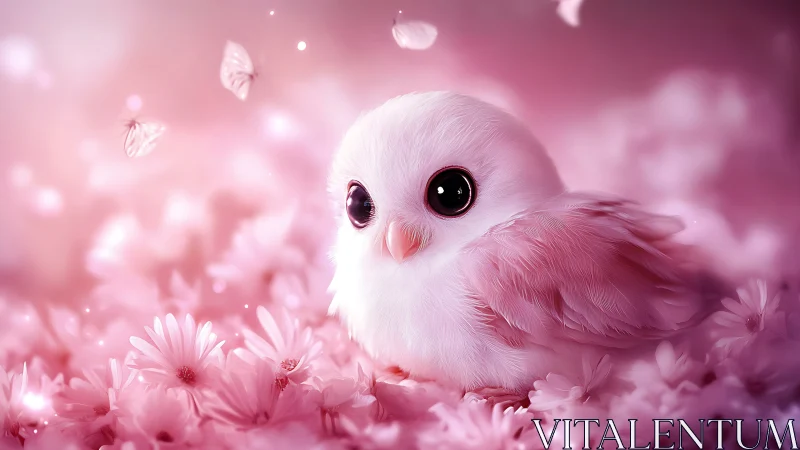 Adorable pink baby bird in dreamy floral fantasy style artwork.