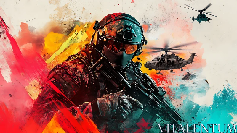 Armored soldier aims rifle amid abstract combat aviation