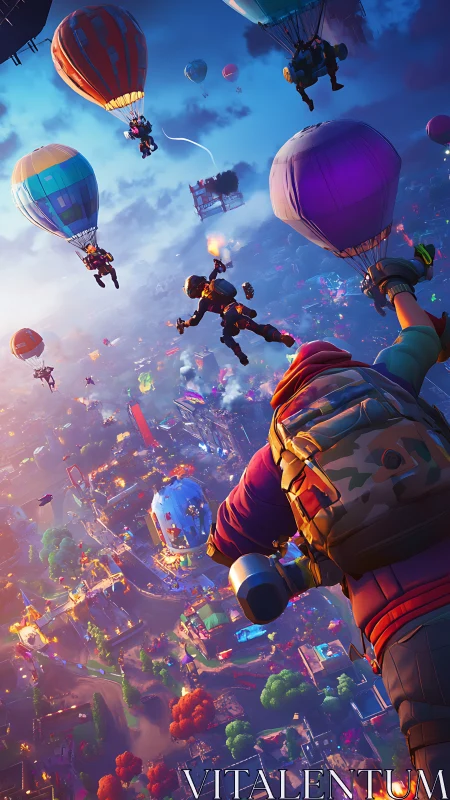 Battle royale characters descend over neon lit cityscape