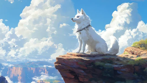 White canine sentinel surveys sunlit canyon from cliff edge