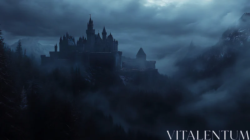 Misty mountain castle wrapped in moonlit midnight fog.
