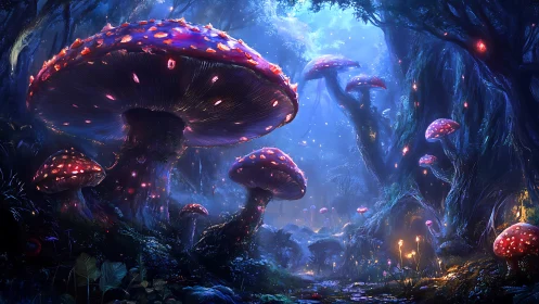 Luminescent crimson mushrooms in bioluminescent forest dreamscape.