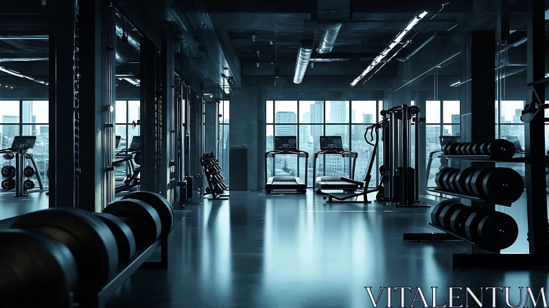 High-contrast urban gym interior with aligned cardio and strength zones