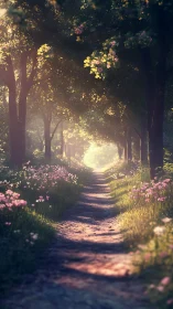 Luminous Forest Path Through Blooming Garden Sanctuary