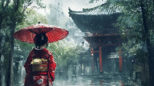 Crimson umbrella listens to temple rain in a misty garden
