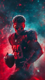 Electric football star charging through glowing color storm.