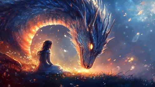 Gentle dragon bends close as a brave girl meets its gaze