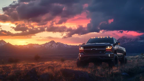 Sunset bruiser truck guarding storm-kissed mountain horizon.