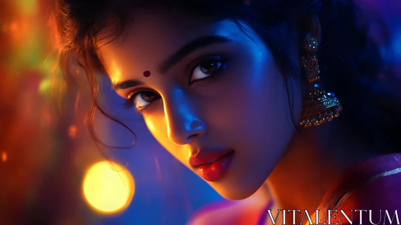 Portrait of Indian woman in neon cinematic color contrast.