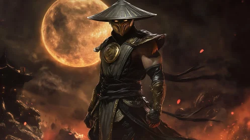 Moonlit warrior stands strong in golden armor and swirling fire