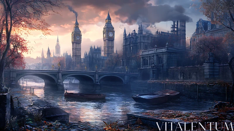 Moody autumn riverfront frames historic clock towers at dusk