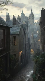 Narrow medieval stone alleyway at dusk with distant spires