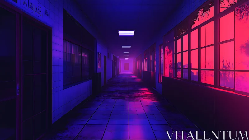 Neon dusk haunts a deserted school corridor in violet glare.