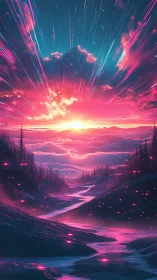 Neon-illuminated river valley under explosive spectral sunrise sky
