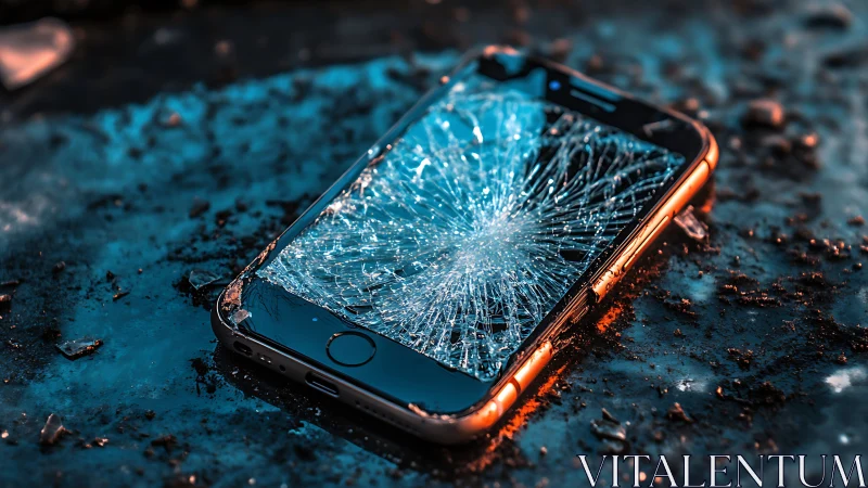 Shattered smartphone resting in moody blue and copper light.
