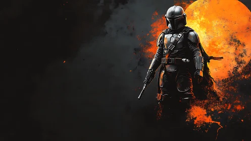 Armored space warrior silhouetted against molten lunar backdrop