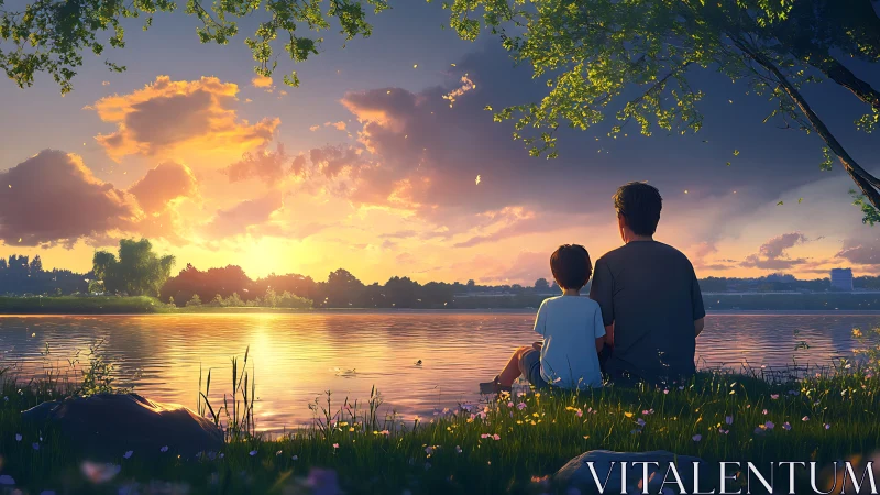 Father and child share a golden lakeside sunset in calm silence
