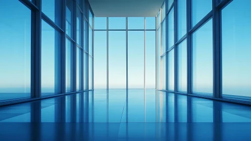 Modern glass corridor with blue panoramic windows.