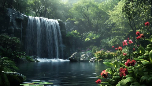 Cascading forest waterfall illuminates a tranquil reflective pool