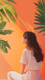 Soft sunlight wraps a quiet girl among lush green leaves