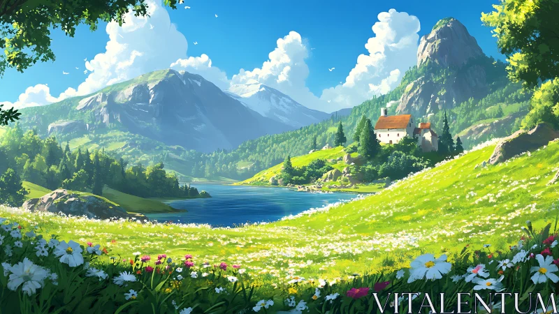 Sunlit mountain meadow cradling a tranquil sapphire lake.