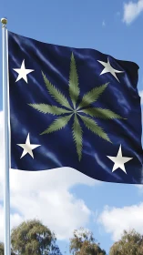 Blue flag with cannabis leaf and four white stars outdoors.