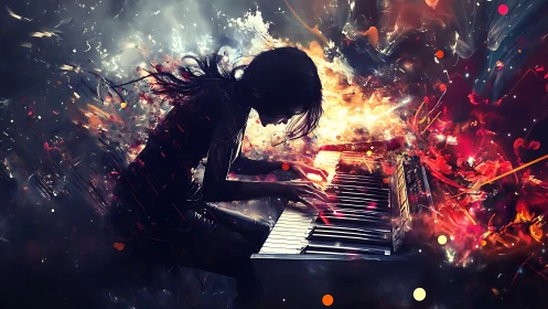 Firestorm pianist ignites cosmic keys in electric color.