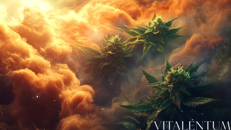 Celestial cannabis blooms drift through molten nebula light.