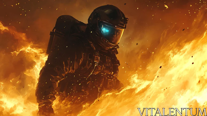Armored astronaut figure engulfed in intense orange flames