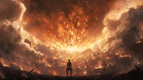 Lone figure faces burning city under collapsing sky.