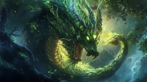 Forest-breathing dragon coils through glowing emerald storm